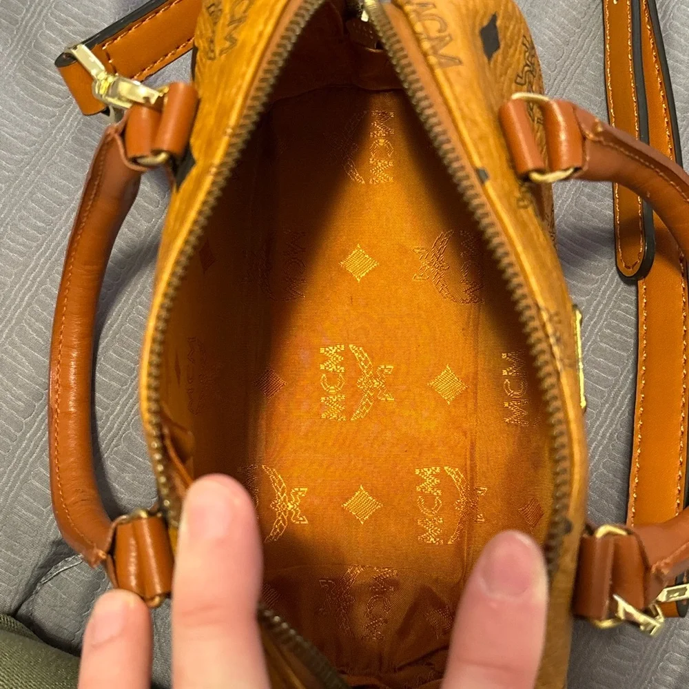 MCM Orange Visetos Dome Satchel with Gold Plaque